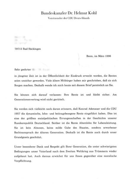 Schreiben aus dem Jahr 1996 vom damaligen Bundeskanzler Helmut Kohl